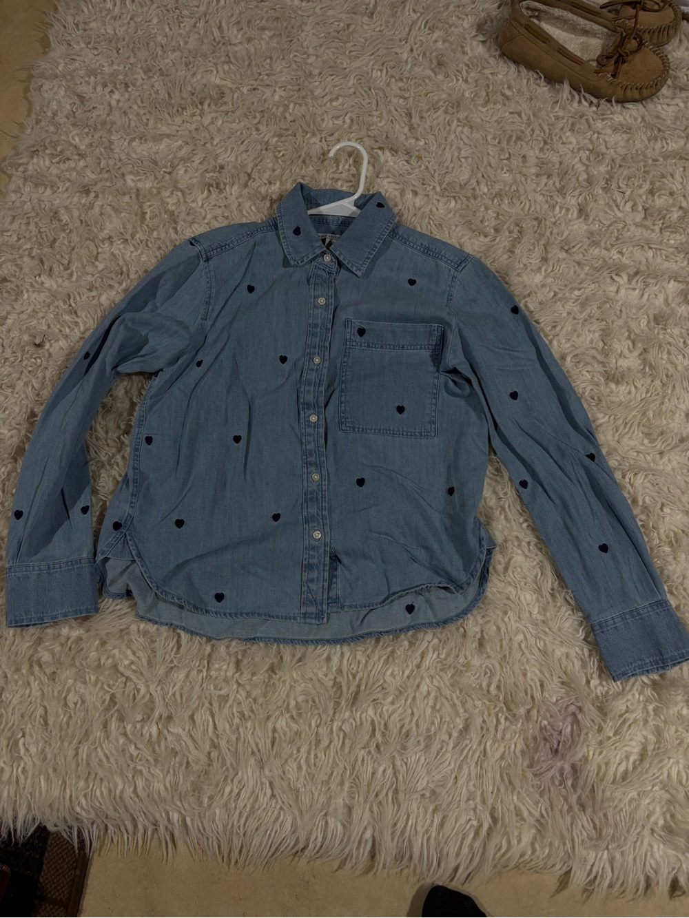 Free Assembly- Denim Button-Up Shirt with Black Heart Details - Light Blue